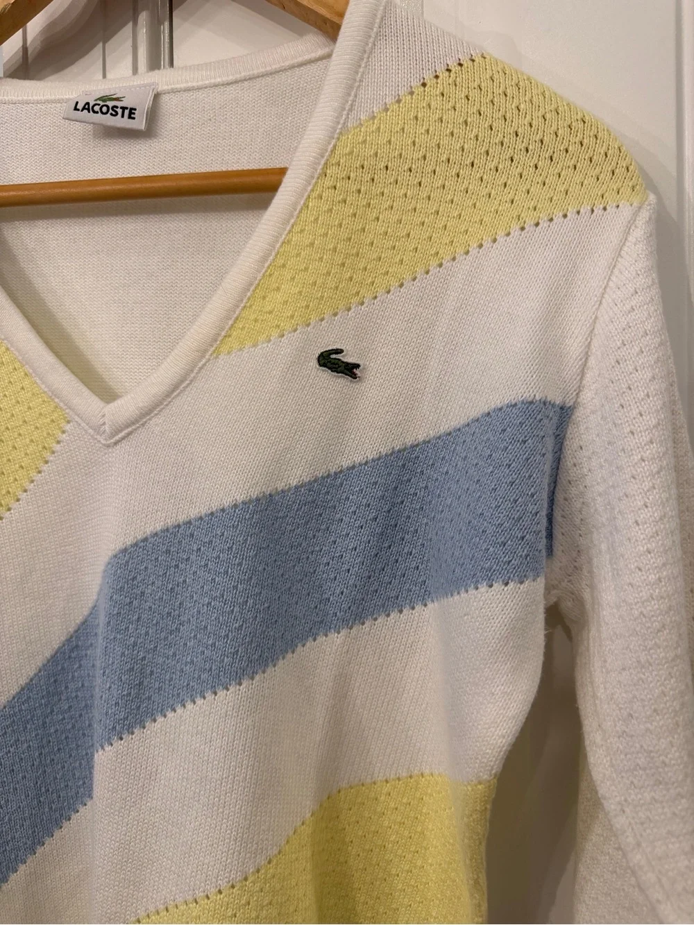 Lacoste Women's V-Neck Sweater in White, Blue & Yellow